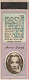 Marlene Dietrich from Movie Stars Match Cover design series (U21) issued by Diamond Match Company, The Diamond Match Company American, Printed matchbook