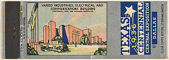 Varied Industries, Electrical and Communications Building from Texas Centennial Central Exposition, Dallas 1936 Match Cover series (U34), The Diamond Match Company  American, Printed matchbook