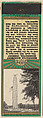 Bennington Monument from New England, Souvenir Views Match Cover series (U40.7), The Diamond Match Company American, Printed matchbook
