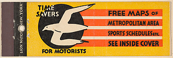 Time Savers for Motorists from Port Authority of N.Y., Souvenir Views Match Cover series, Lion Match Company American, Printed matchbook