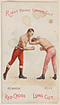 Right Hand Upper Cut, Billy Plimmer and Tommy Kelly, from the Boxing Positions and Boxers series (N266) issued by P. Lorillard Company to promote Red Cross Long Cut Tobacco, P. Lorillard Company  American, Commercial color lithograph