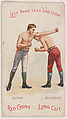 Left Hand Lead and Duck, Bobby Burns and Cal McCarthy, from the Boxing Positions and Boxers series (N266) issued by P. Lorillard Company to promote Red Cross Long Cut Tobacco, P. Lorillard Company  American, Commercial color lithograph