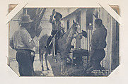 Indian Making the Peace Sign to Cowboy from Indians and Western Historical Historical Scenes series (W417), Exhibit Supply Company  American, Commercial color photolithograph