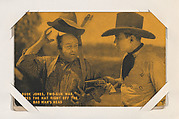 Buck Jones, Two-Gun Man, scares the hat right off the bad man's head from Western Stars or Scenes Exhibit Cards series (W412), Exhibit Supply Company American, Commercial color photolithograph