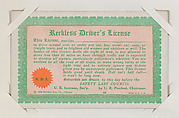 Reckless Driver's License from Exhibit Comics Cards (W431), Exhibit Supply Company  American, Commercial color photolithograph