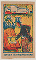 "Stuck in the Mustard" trade card from the Charlie Chaplin series (W539), Universal Toy & Novelty Manufacturing Company  American, Commercial color lithograph reproducing drawing