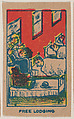 "Free Lodging" trade card from the Charlie Chaplin series (W539), Universal Toy & Novelty Manufacturing Company American, Commercial color lithograph reproducing drawing