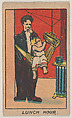 "Lunch Hour" trade card from the Charlie Chaplin series (W539), Universal Toy & Novelty Manufacturing Company American, Commercial color lithograph reproducing drawing