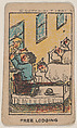"Free Lodging" trade card from the Charlie Chaplin series (W539)., Universal Toy & Novelty Manufacturing Company American, Commercial color lithograph reproducing drawing
