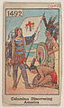 Columbus Discovering America 1492 trade card (W500), Mayfair Novelty Co., Commercial color lithograph reproducing drawing
