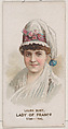Laura Burt as a Lady of France of 1794-1800, from the set Actors and Actresses, Second Series (N71) for Duke brand cigarettes, W. Duke, Sons & Co.  American, Commercial color lithograph