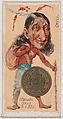 Caricatured Chilean figure, 1 Escudo, from the series Coins of All Nations (N72, variation 2) for Duke brand cigarettes, W. Duke, Sons & Co.  American, Commercial color lithograph