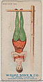 Hanging by Toes, from the Gymnastic Exercises series (N77) for Duke brand cigarettes, W. Duke, Sons & Co. American, Commercial color lithograph