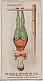 Hanging by Toes, from the Gymnastic Exercises series (N77) for Duke brand cigarettes, W. Duke, Sons & Co. American, Commercial color lithograph
