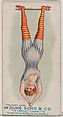 The Foot Hang, from the Gymnastic Exercises series (N77) for Duke brand cigarettes, W. Duke, Sons & Co. American, Commercial color lithograph