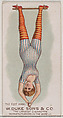 The Foot Hang, from the Gymnastic Exercises series (N77) for Duke brand cigarettes, W. Duke, Sons & Co. American, Commercial color lithograph