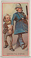 Caricatured figure / Leading the German, from the Jokes series (N87) for Duke brand cigarettes, W. Duke, Sons & Co. American, Commercial color lithograph