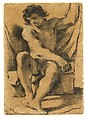 Seated Nude Young Man in Nearly Frontal View, Guercino (Giovanni Francesco Barbieri) (Italian, Cento 1591–1666 Bologna), Modified black chalk (dipped in a gum solution), traces of white gouache highlights, on light brown paper