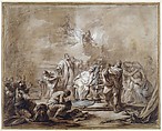 The Sacrifice of Iphigenia, Carle (Charles André) Vanloo (French, Nice 1705–1765 Paris), Pen and brown ink, brush and brown, blue, red and pale yellow wash heightened with white, over traces of black chalk, on brown-washed paper. The sheet consists of fourteen pieces of cream-colored paper mounted on a paper support.