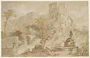 The Fountain of Rome at the Villa d'Este, Tivoli, Charles Joseph Natoire (French, Nîmes 1700–1777 Castel Gandolfo), Pen and brown ink, brush and brown and gray wash, watercolor, heightened with white, over black and red chalk, on faded blue paper