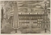 Relation de l' Inauguration Solemnelle de Sa Sacrée Majesté Imperiale et Catholique Charles VI .. comme Comte de Flandres. [Illuminations at the Hôtel de Ville and Fireworks behind the Belfry, Ghent, October 19, 1717], Jean-Baptiste van Volsum  Flemish, Engraving, etching