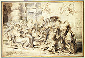 The Garden of Love (right portion), Peter Paul Rubens (Flemish, Siegen 1577–1640 Antwerp), Pen and brown ink, brush and brown and green wash, heightened with light blue gouache, over black chalk