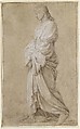Study for Saint Gervasius, Eustache Le Sueur (French, Paris 1616–1655 Paris), Black chalk heightened with white chalk, on gray-beige paper; framing lines in pen and brown ink