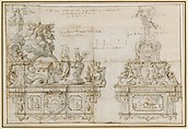 Design for a Processional Float, Anonymous, Italian, Roman-Bolognese, 17th century, Pen and brown ink, brush and blue wash, over lead on cream paper (recto). Stylus-ruled line along bottom edge. Ruled framing outline in black ink; pen and brown inks (verso). Fragments of framing outline on all edges of recto