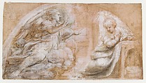 The Annunciation, Correggio (Antonio Allegri) (Italian, Correggio, active by 1514–died 1534 Correggio), Pen and brown ink, brush and gray-brown wash, highlighted with white gouache, squared in red chalk, on paper tinted with reddish wash