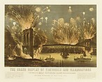 The Grand Display of Fireworks and Illuminations at the Opening of the Great Suspension Bridge between New York and Brooklyn on the Evening of May 24, 1883. View from New York Looking towards Brooklyn., Currier & Ives (American, active New York, 1857–1907), Color lithograph