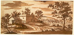 Landscape with Buildings and a Town in the Distance (recto); Study of a Building (verso), Jacques Callot (French, Nancy 1592–1635 Nancy), Brush and brown wash over black chalk (recto); pen and brown ink (verso)