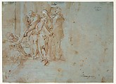 Classical Battle Scene; Verso: Peter and John Heal a Cripple at the Gate of the Temple, Bartholomeus Spranger (Netherlandish, Antwerp 1546–1611 Prague), Pen and brown ink, brush and brown wash, heightened with white, over red chalk on blue paper. Partially visible framing lines in pen and brown ink on left and bottom edges