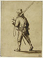 A Walking Musketeer, seen from behind, Anthonie Palamedesz. (Dutch, Delft 1601–1673 Amsterdam), Black chalk, brush and brown ink, brown wash, some spots of blue watercolor along the edges; framing lines in pen and brown ink