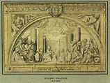 The Annunciation, Martin Fréminet (French, Paris 1567–1619 Paris), Black chalk, pen and brown ink, brush and gray wash, heightened with white.  The architectural elements along the upper margin, including the cornice and the coat of arms, were drawn on a separate sheet, silhouetted and laid down.