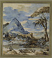 Landscape with Fishermen, Théodore Gericault (French, Rouen 1791–1824 Paris), Graphite, pen and brown ink, brown and blue wash