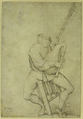 Seated Man, Precariously Balanced, Playing Bagpipes, Anonymous, Netherlandish, 16th century, Pen and brown ink
