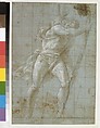 Saint Christopher Bearing the Christ Child, Giovanni Antonio da Pordenone (Giovanni Antonio de Sacchis) (Italian, Pordenone 1483?–1539 Ferrara), Pen and brown ink, brush and brown wash, highlighted with white gouache, on blue paper, squared vertically and horizontally in red chalk, diagonally in charcoal