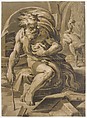 Diogenes, seated before his barrel, reading from a book, a plucked hen standing behind him at right, Ugo da Carpi (Italian, Carpi ca. 1480–1532 Bologna), Chiaroscuro woodcut printed from four blocks in gray-green ink