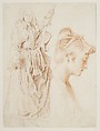 Standing Woman Holding a Spindle, and Head of a Woman in Profile to Right, Antoine Watteau (French, Valenciennes 1684–1721 Nogent-sur-Marne), Two shades of red chalk