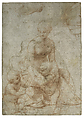 Madonna and Child with the Infant Saint John the Baptist; upper left, Study for the Right Arm of the Infant Saint John; upper right, Study for Drapery (recto); Study of a Nude Male Figure (verso), Raphael (Raffaello Sanzio or Santi) Italian, Red chalk (recto); pen and brown ink (verso)