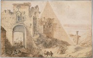 Pyramid of Cestius and the Porta San Paolo, Rome, Pieter Moninckx (Dutch, The Hague, 1606–1686 (?)), Brush and brown wash over black chalk; framing lines in pen and black ink