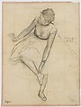 Dancer Adjusting Her Slipper, Edgar Degas (French, Paris 1834–1917 Paris), Graphite heightened with black and white chalk on pink wove paper (now faded); squared for transfer
