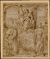 Madonna and Child Enthroned with Saint Basil the Great and Saint John the Baptist and Donor, Niccolò dell&#39; Abate (Italian, Modena 1509–1571 Fontainebleau (?)), Pen and brown ink, brush and brown wash. Mounted on board