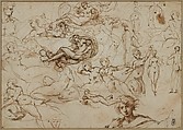Figure Studies for Various Female and Male Figures (recto); Threes Amors in the Garden of Venus (verso), Agostino Carracci  Italian, Pen and brown ink, some sketches over red chalk, some faint scribbles in charcoal (recto); pen and brown ink, brush and gray-blue wash (verso)
