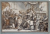 Domestic Scene, Jean-Baptiste Greuze (French, Tournus 1725–1805 Paris), Pen and brown ink, gray and brown wash, over black chalk