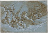 Apparition of Saint Andrew in Glory, Giulio Romano (Italian, Rome 1499?–1546 Mantua), Pen and brown ink, brush and brown wash, highlighted with white gouache, on blue paper; partially squared in black chalk