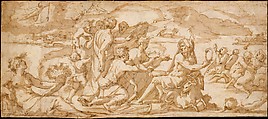 The First Fruits of the Earth Offered to Saturn, Giorgio Vasari (Italian, Arezzo 1511–1574 Florence), Pen and brown ink, brush and brown wash, over traces of red chalk
