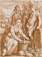 Autumn; Study for an Engraving, Hendrick Goltzius (Netherlandish, Mühlbracht 1558–1617 Haarlem), Pen and brown ink, brush and red-brown wash, over black chalk, heightened with a little white gouache