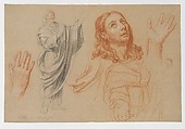 Studies for 'The Conversion of the Jailer before Saint Paul and Silas', Nicolas de Plattemontagne (French, Paris 1631–1706 Paris), Red, black, and white chalks on buff paper