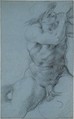 Triton Sounding a Conch Shell, Annibale Carracci (Italian, Bologna 1560–1609 Rome), Charcoal or soft black chalk on blue-gray paper; traces of framing lines in pen and black ink and black chalk